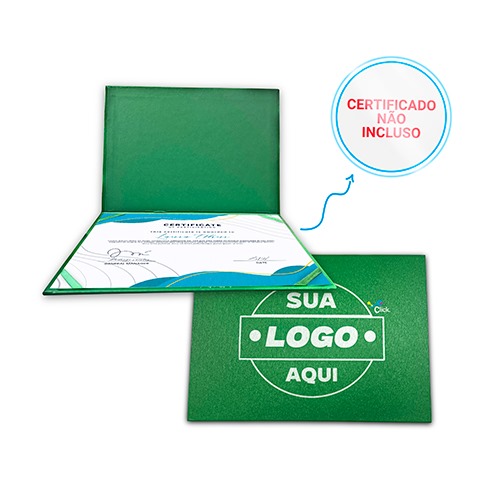 Porta certificado Formato 31x23 fechado , em couro sintético externo com impressão , interno papel color sem impressão , com cantoneiras em cetim.